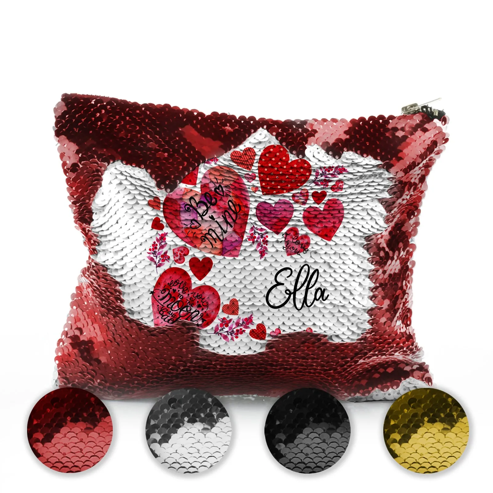 Personalised Sequin Zip Bag with Stylish Text and Material Hearts Love Message Print