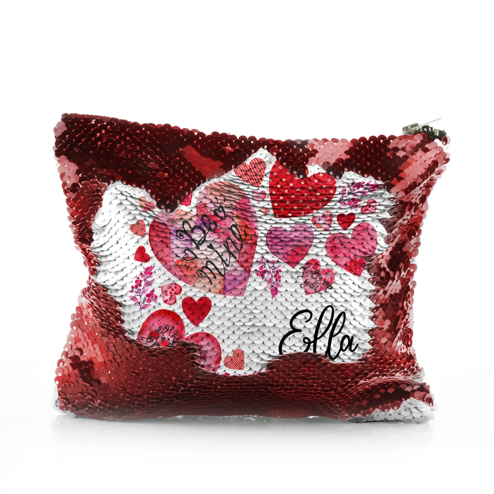 Personalised Sequin Zip Bag with Stylish Text and Material Hearts Love Message Print