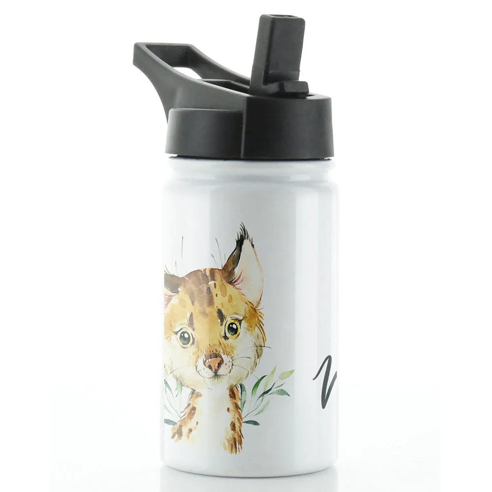 Personalised Spot Cat and Leaves and Name White Sports Flask