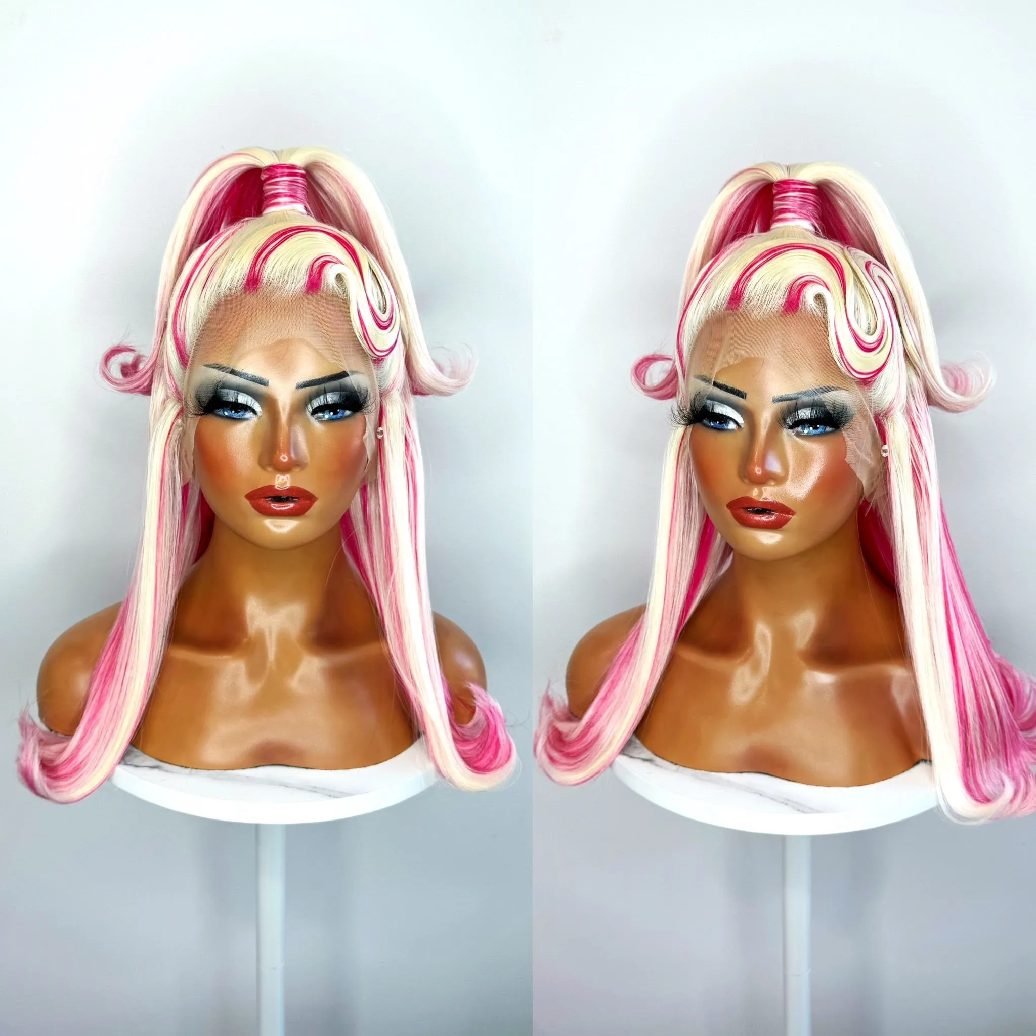 Pink & White Blonde Half Up Ponytail Synthetic Wig (Made to Order)
