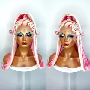 Pink & White Blonde Half Up Ponytail Synthetic Wig (Made to Order)