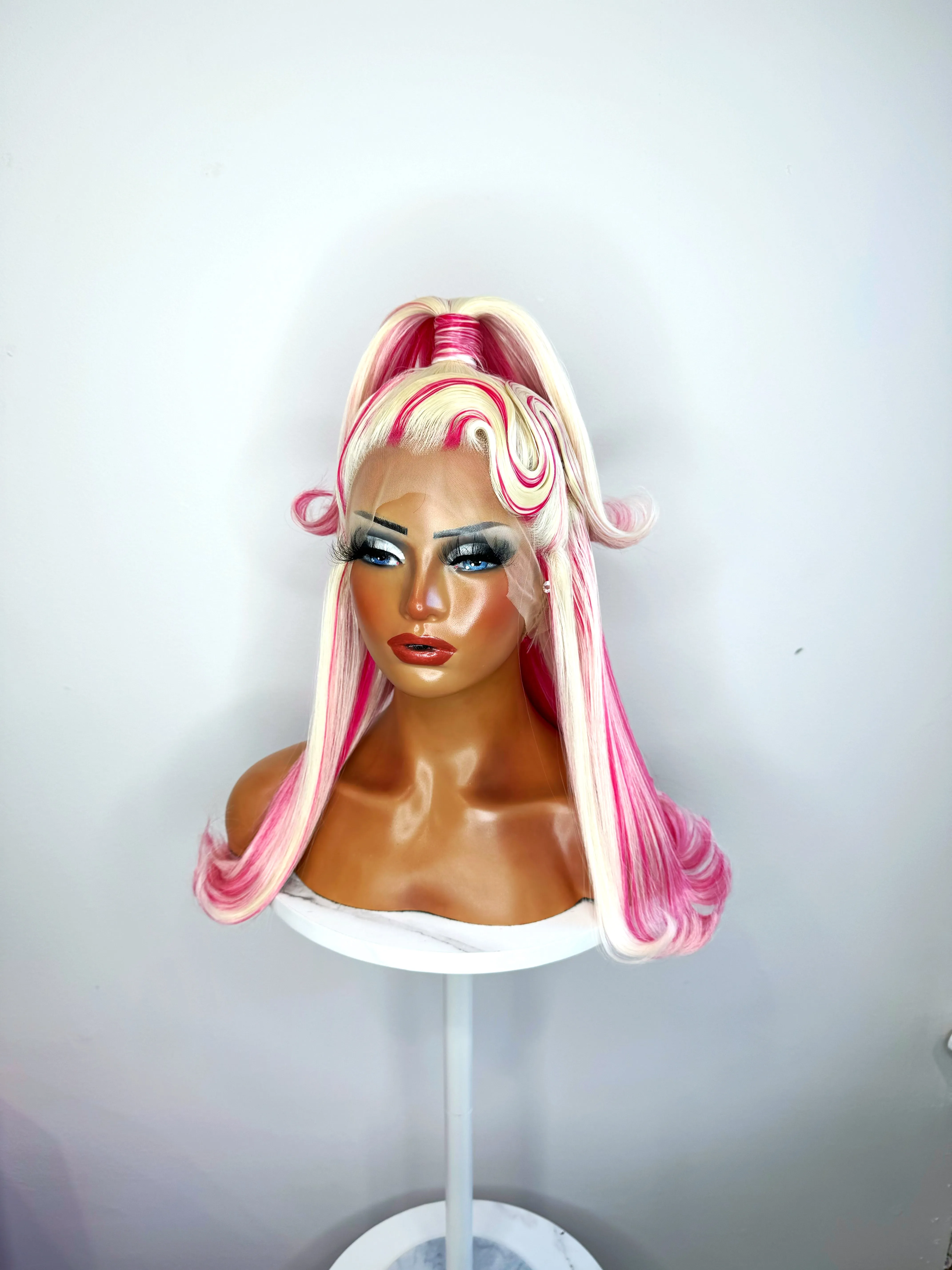 Pink & White Blonde Half Up Ponytail Synthetic Wig (Made to Order)