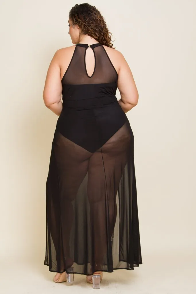 Plus Size Double Slit See Through Mesh Maxi Set