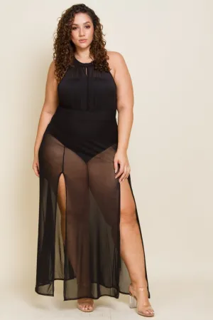 Plus Size Double Slit See Through Mesh Maxi Set