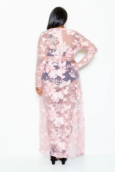 Plus Size Gorgeous See Through Floral Open Slit Maxi Dress