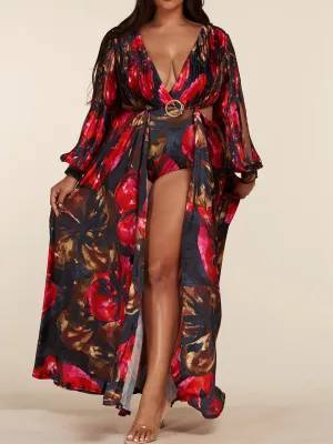 PLUS SIZE LONG SLEEVE V-NECK OPEN FRONT & BACK MAXI DRESS