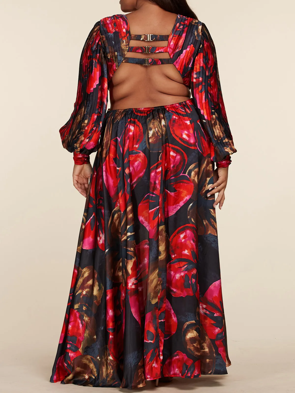 PLUS SIZE LONG SLEEVE V-NECK OPEN FRONT & BACK MAXI DRESS