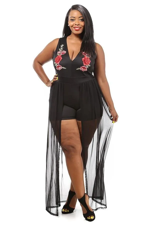 Plus Size Rose See Through Romper Skirt Set