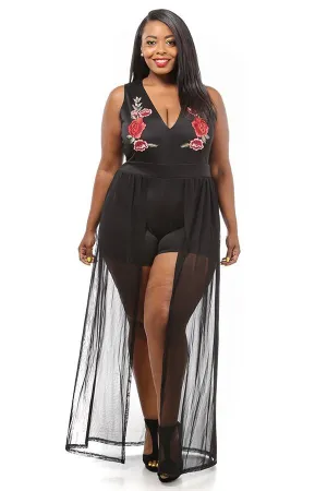 Plus Size Rose See Through Romper Skirt Set