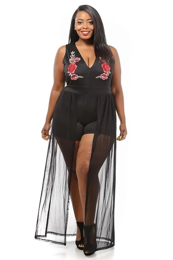 Plus Size Rose See Through Romper Skirt Set