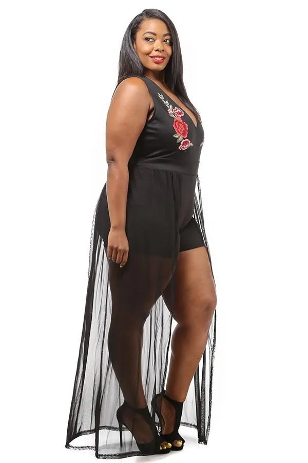 Plus Size Rose See Through Romper Skirt Set