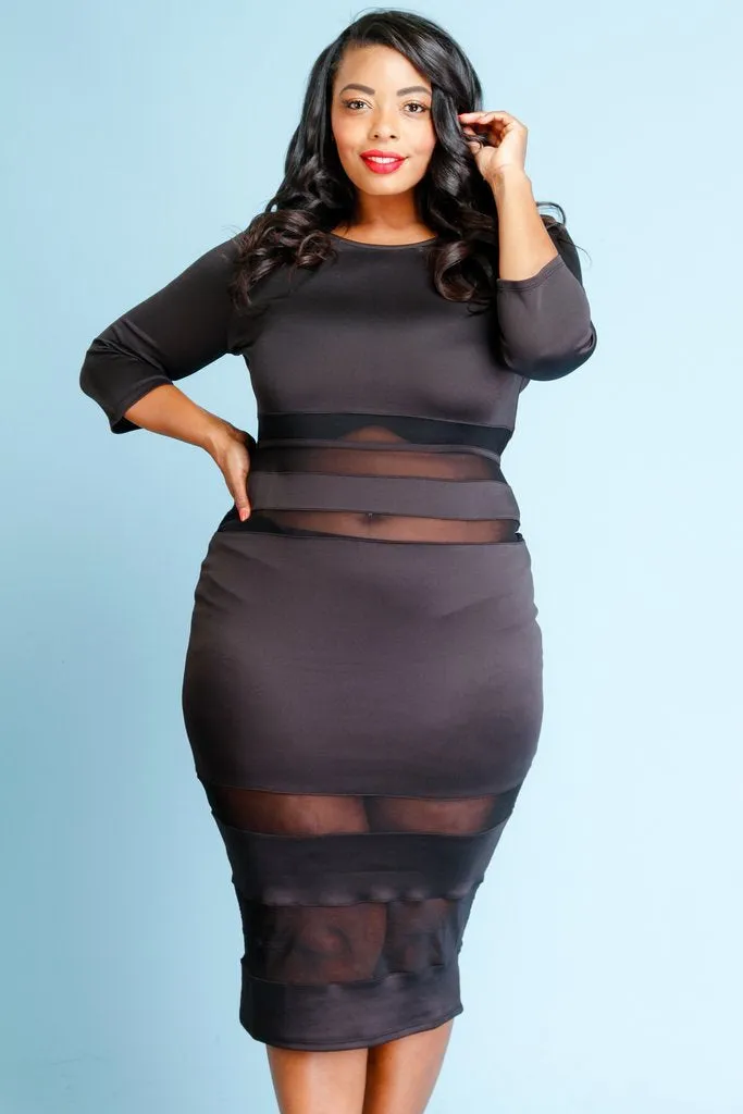Plus Size See Through Mesh Insert Sexy Bodycon Dress