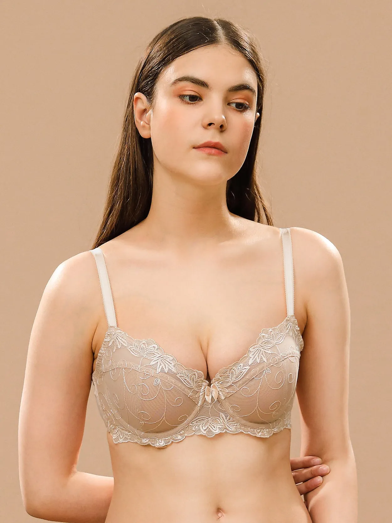 Plus Size See Through Unlined Underwire Lace Bra Nude