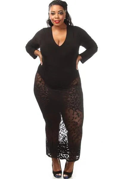 Plus Size Sexy Web See Through Mesh Bottom Midi Dress