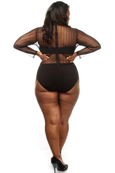 Plus Size Stripe See Through Mesh Bodysuit