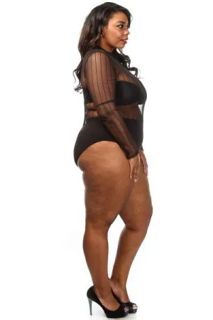Plus Size Stripe See Through Mesh Bodysuit