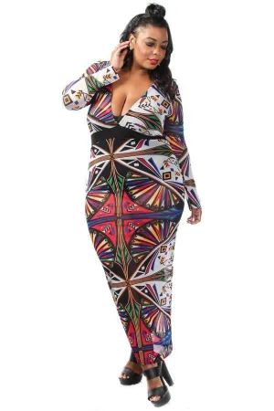 Plus Size Sublimation Unique Print See Through Mesh Maxi Dress