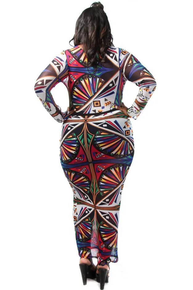 Plus Size Sublimation Unique Print See Through Mesh Maxi Dress