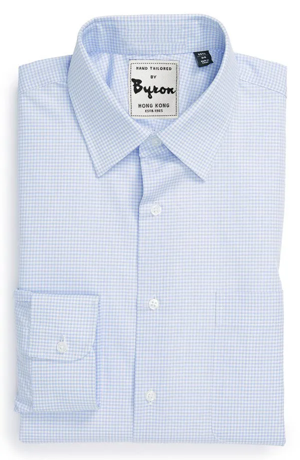 Powder Blue Micro Check Shirt, Forward Point Collar, Rounded Cuff