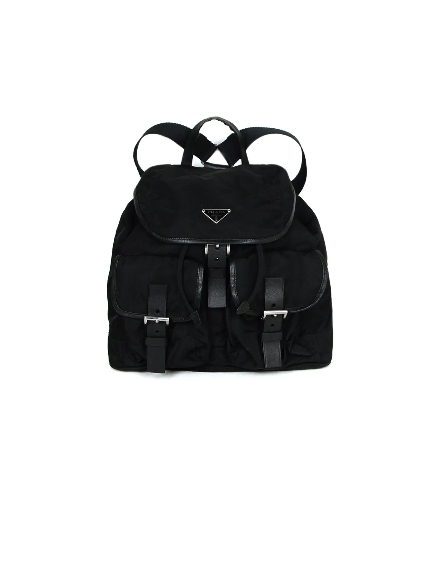 Prada Black Nylon & Leather Trim Double Pocket Backpack Bag