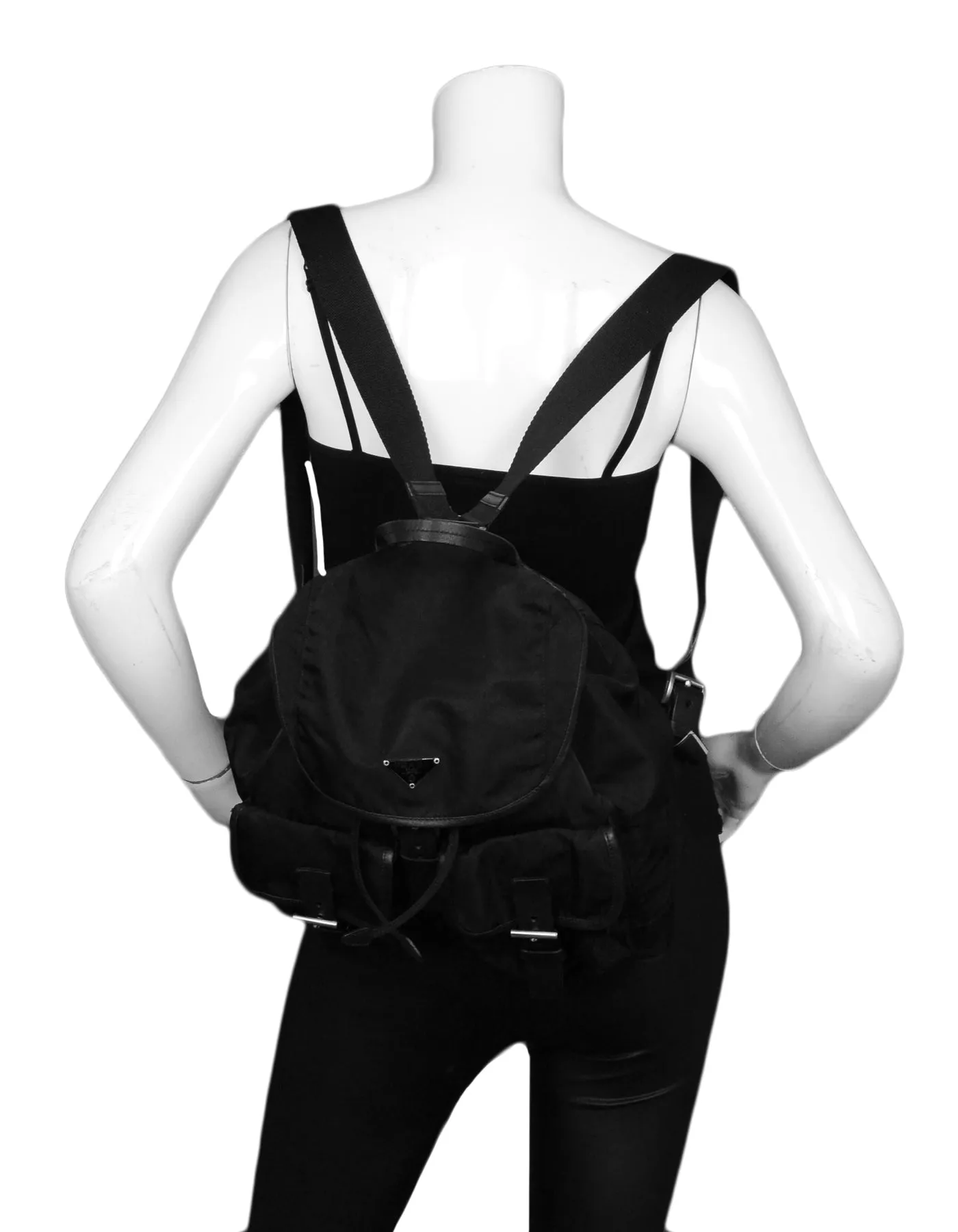 Prada Black Nylon & Leather Trim Double Pocket Backpack Bag