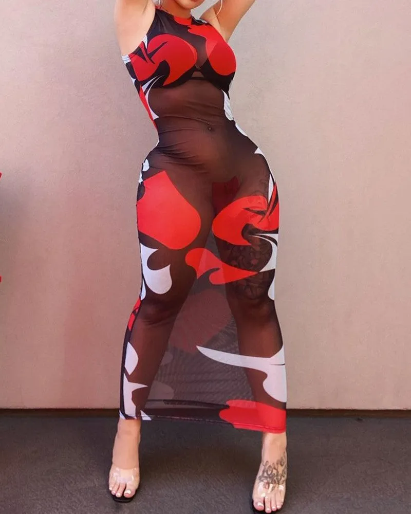 Print See Through Sleeveless Maxi Dress