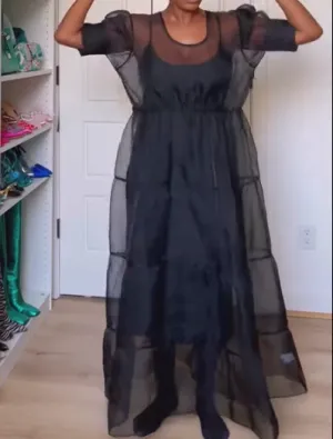 Puff sleeve mesh see-through long skirt