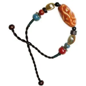 Pumpkin Orange Ceramic Beads And Hemp Cord Adjustable Bracelet