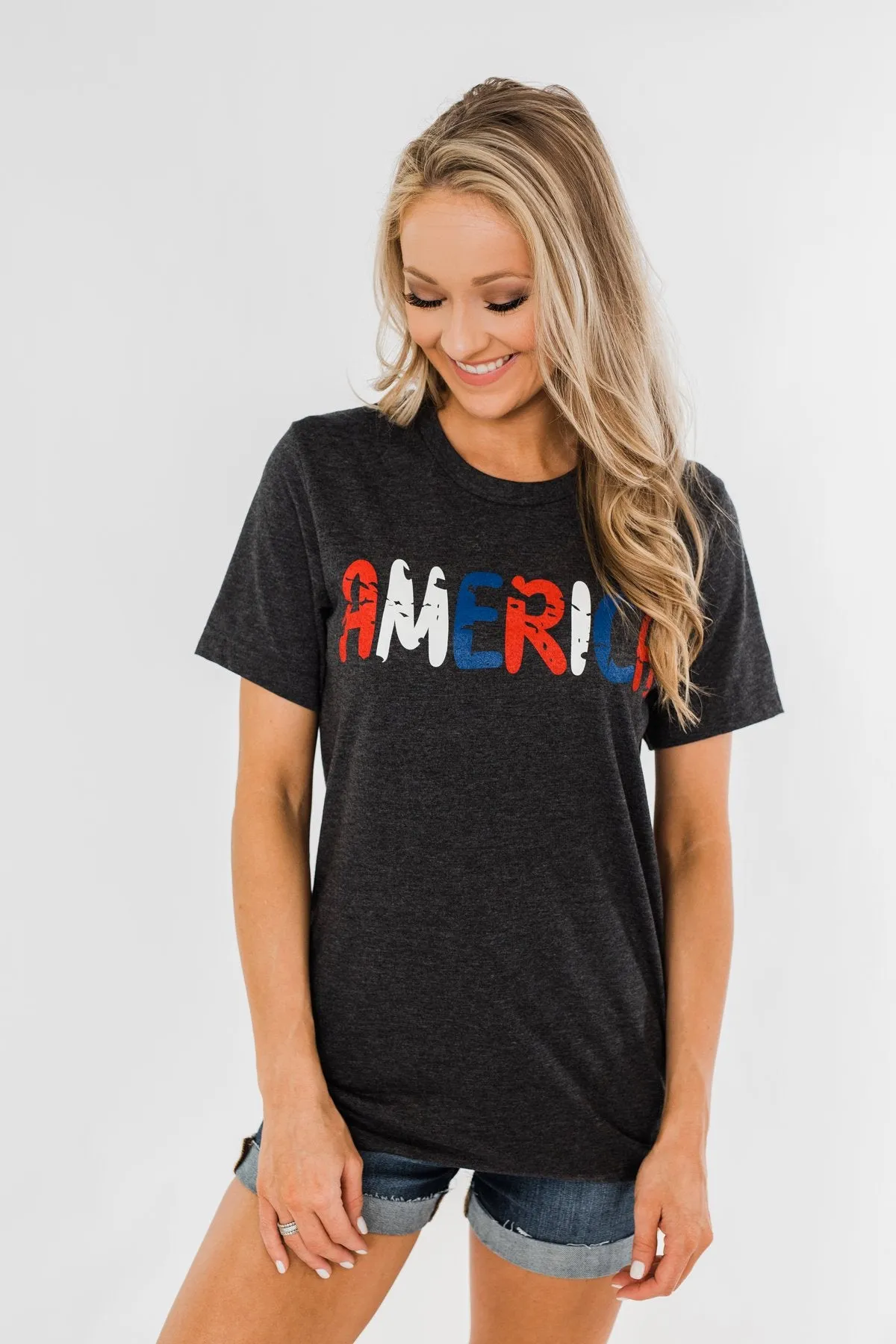 "America" Colorful Graphic Tee- Charcoal