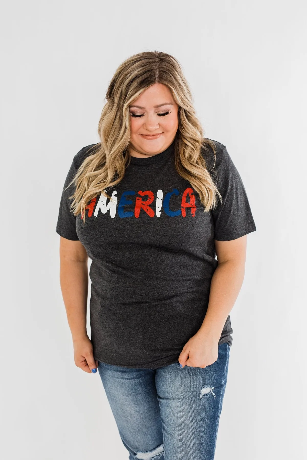 "America" Colorful Graphic Tee- Charcoal