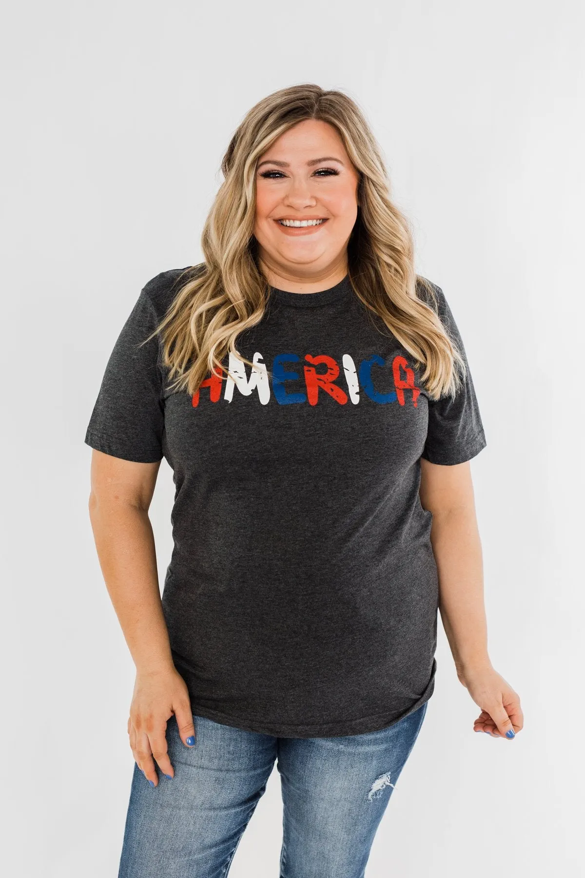 "America" Colorful Graphic Tee- Charcoal