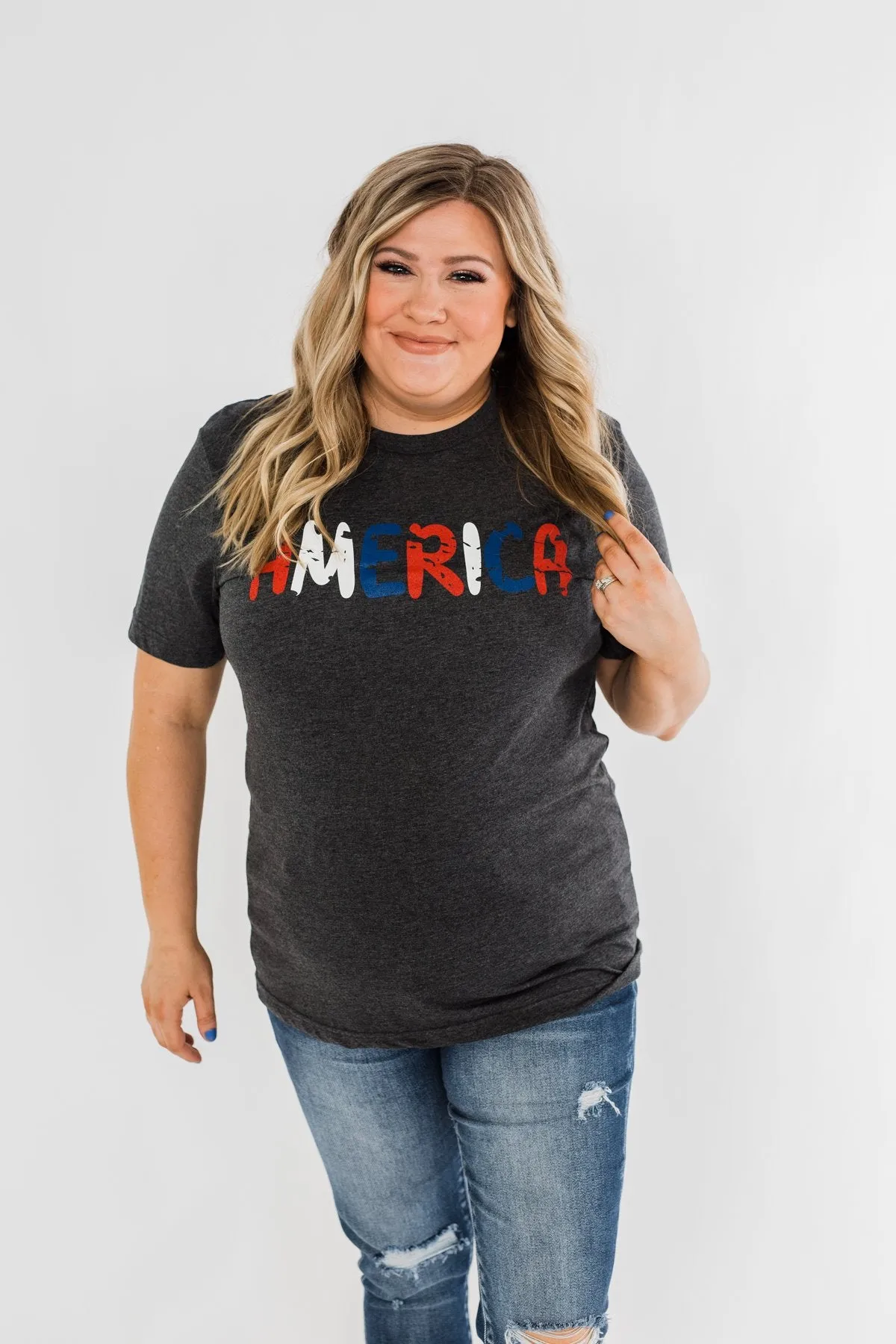 "America" Colorful Graphic Tee- Charcoal
