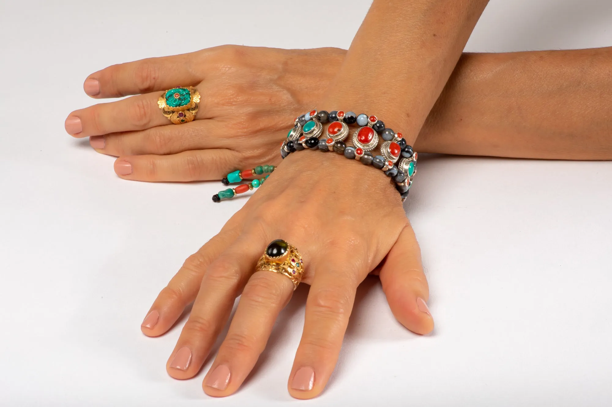 Red coral & Turquoise Setting Bracelet  with Agate