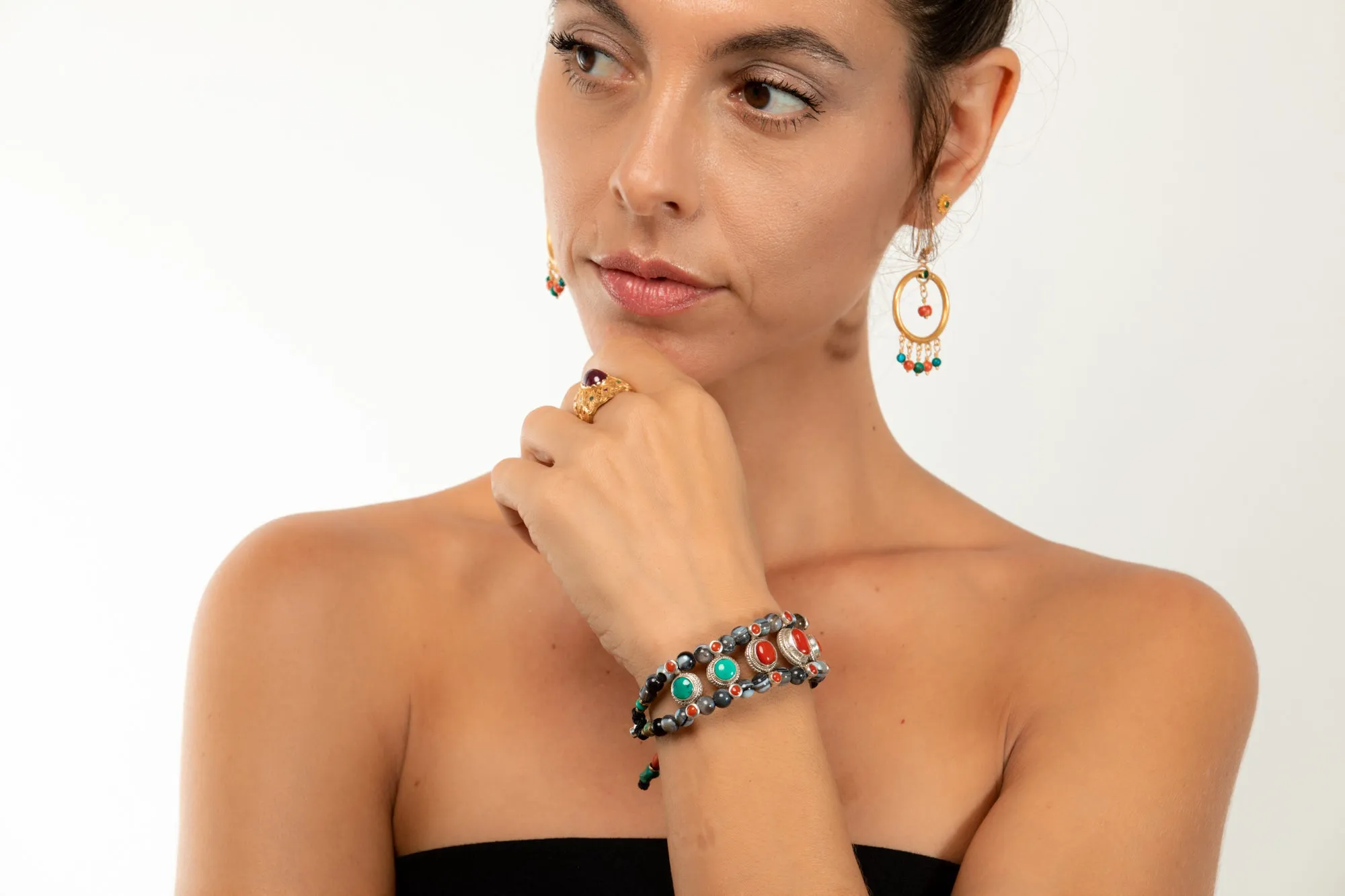 Red coral & Turquoise Setting Bracelet  with Agate