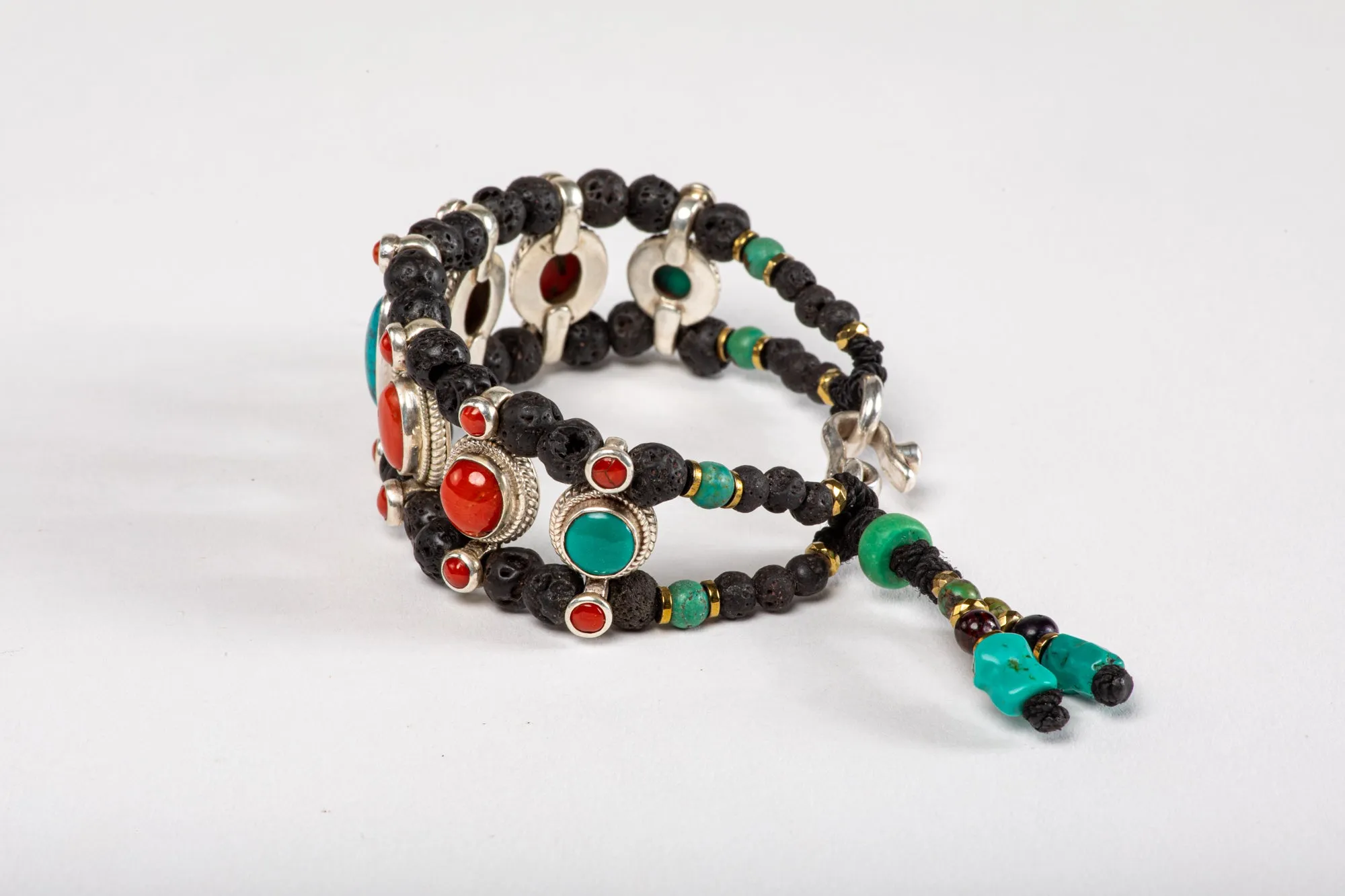 Red coral & Turquoise Setting Bracelet  with Lava