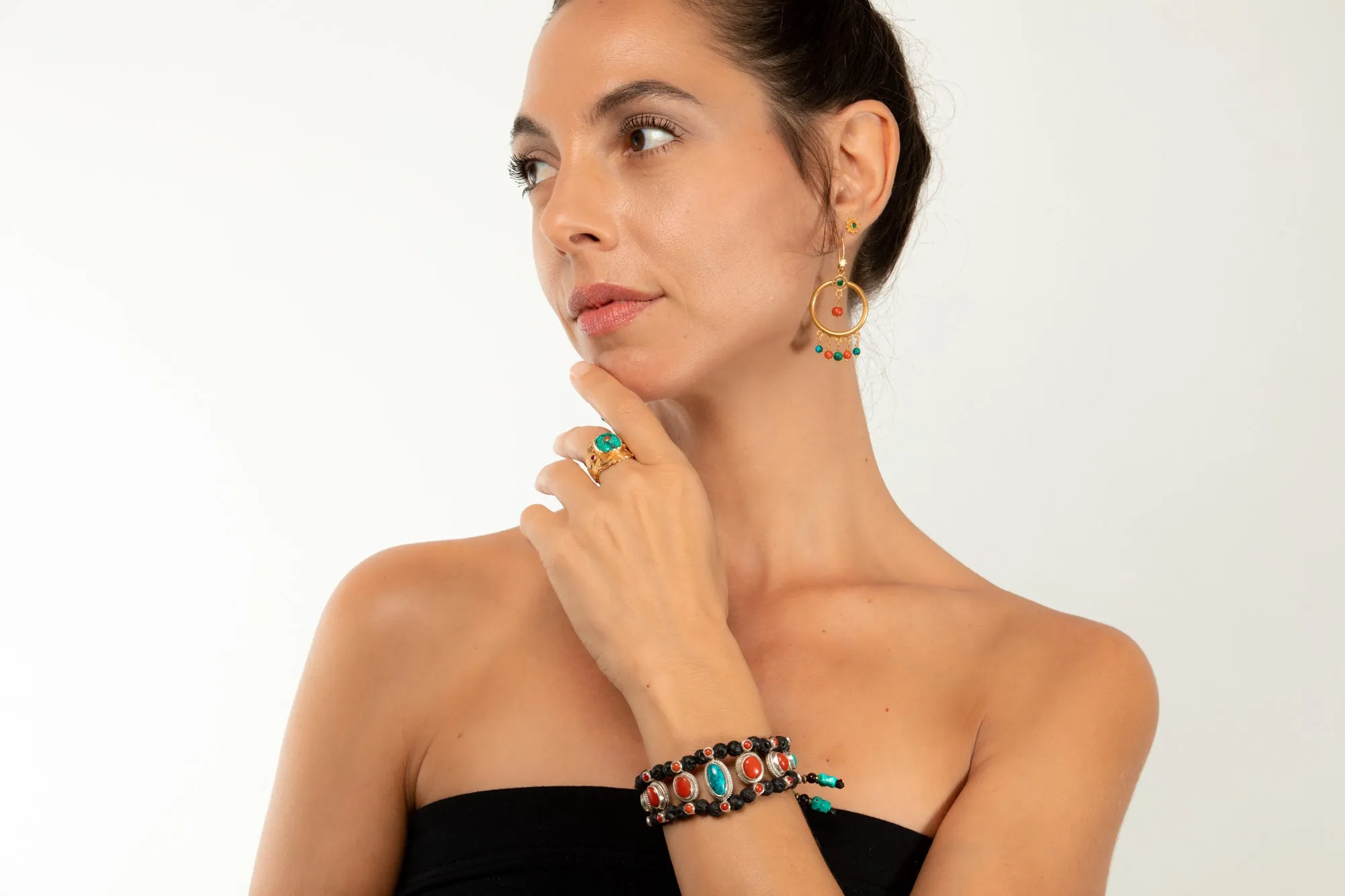 Red coral & Turquoise Setting Bracelet  with Lava