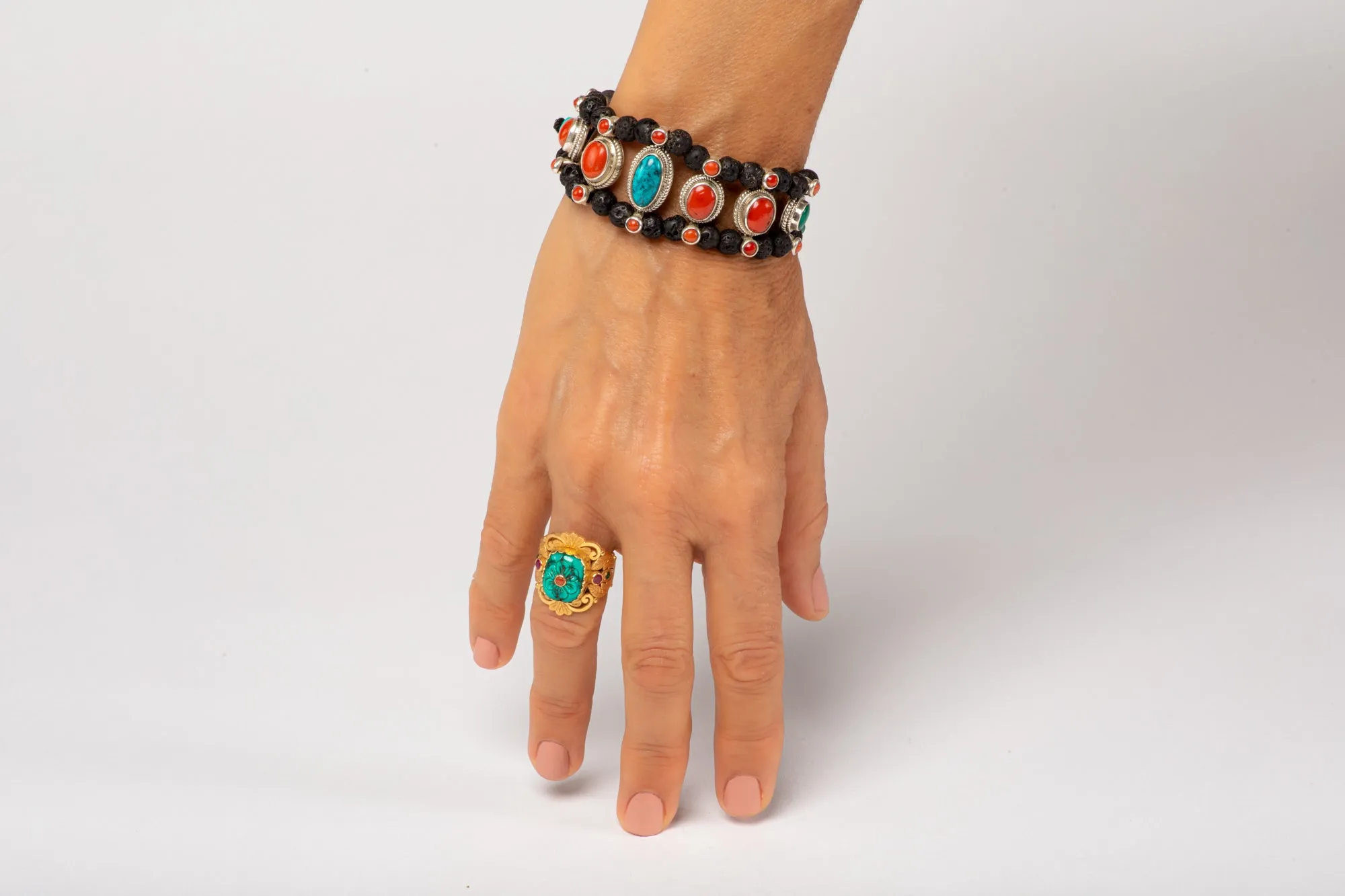 Red coral & Turquoise Setting Bracelet  with Lava
