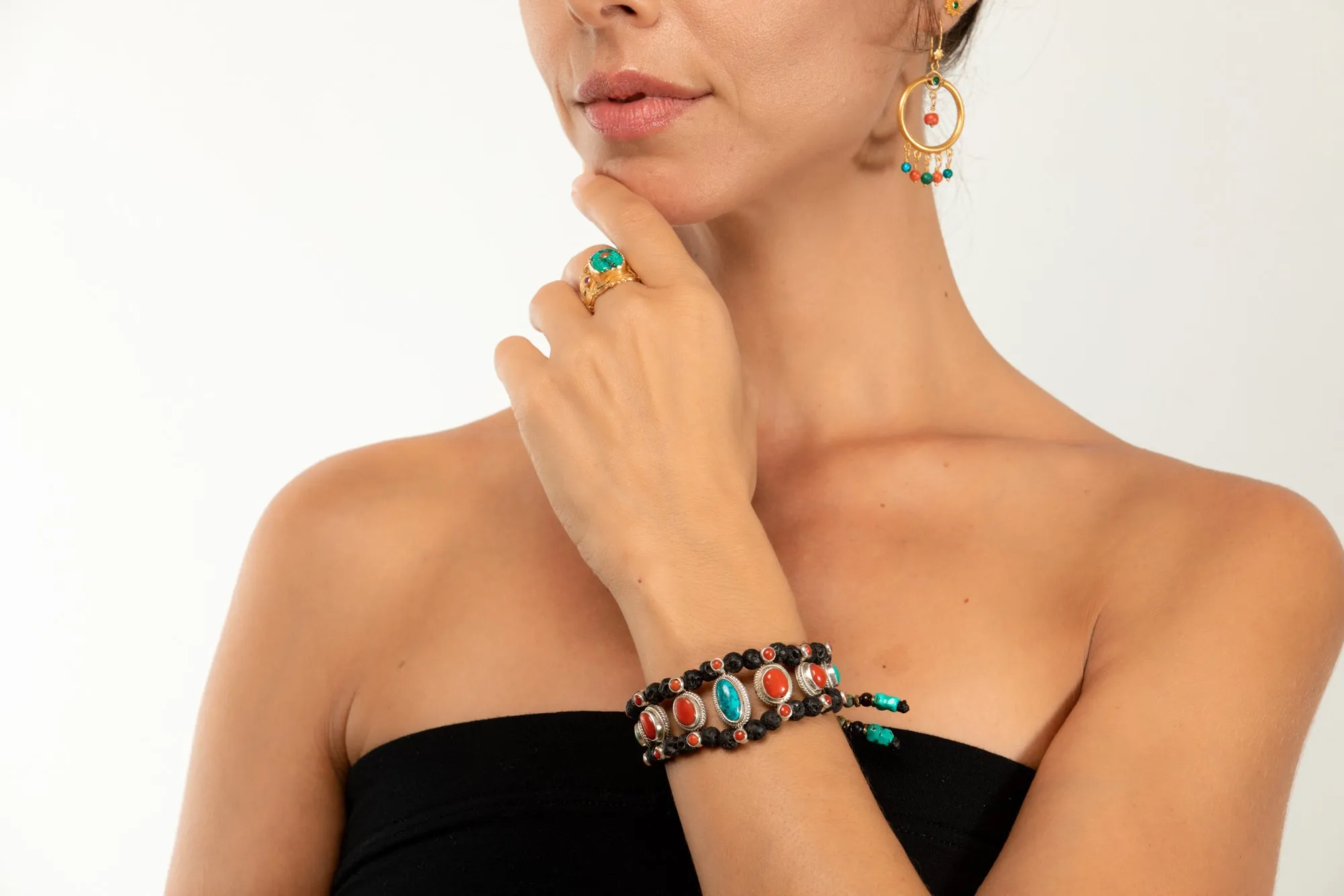 Red coral & Turquoise Setting Bracelet  with Lava