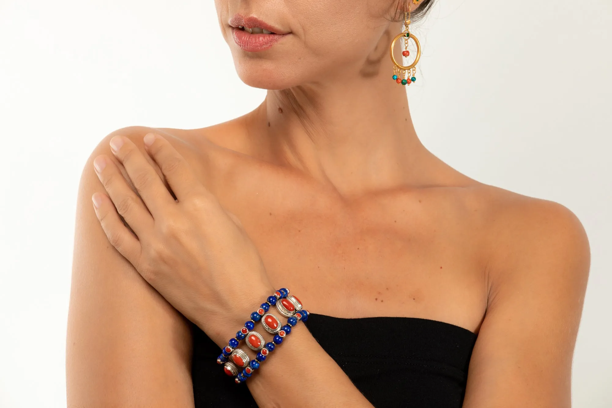 Red coral Setting Bracelet  with Lapis