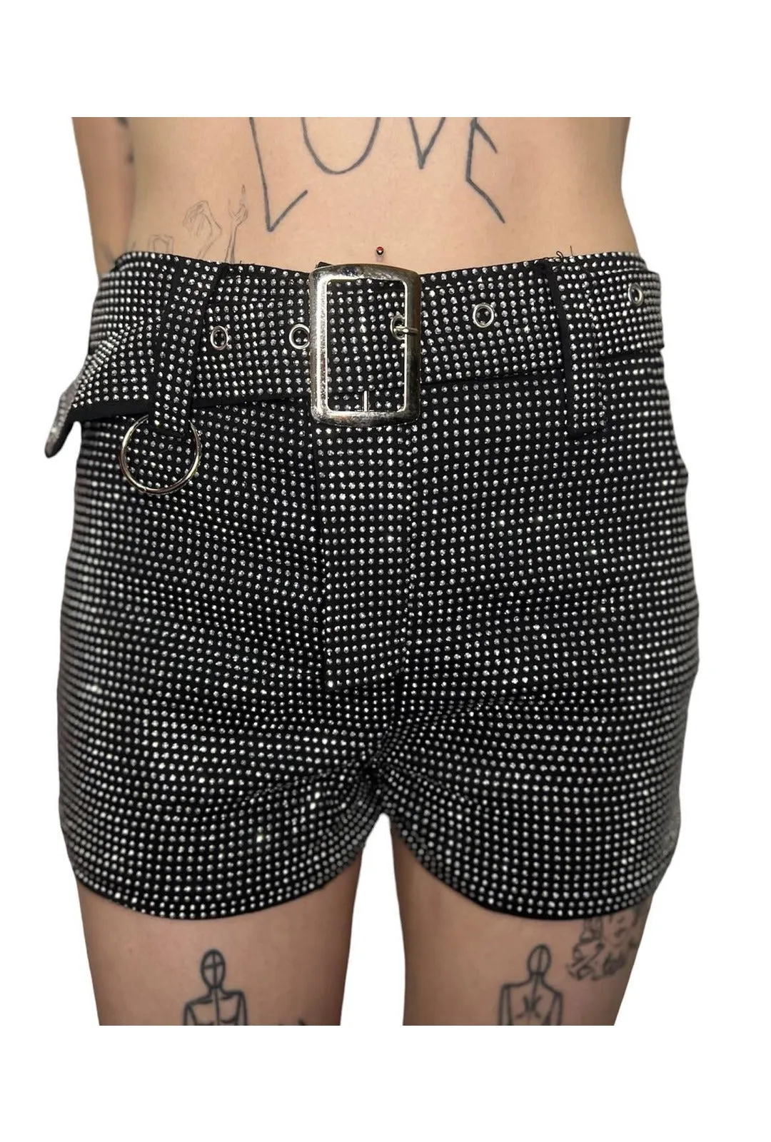 Rhinestone Silver and Black Utility Shorts