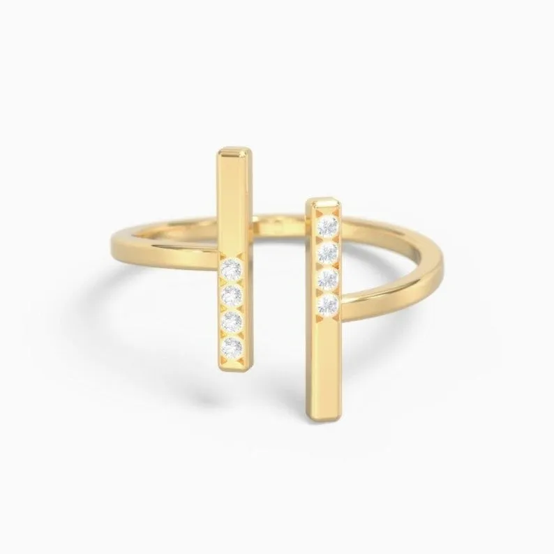 Round Cut Moissanite Double Bar Open Cuff Ring,10k gold Ring, multi diamond Stackable band, statement ring, Adjustable Ring, Minimalist Ring