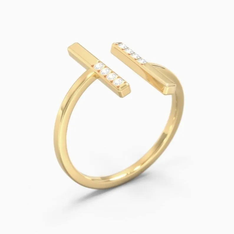 Round Cut Moissanite Double Bar Open Cuff Ring,10k gold Ring, multi diamond Stackable band, statement ring, Adjustable Ring, Minimalist Ring