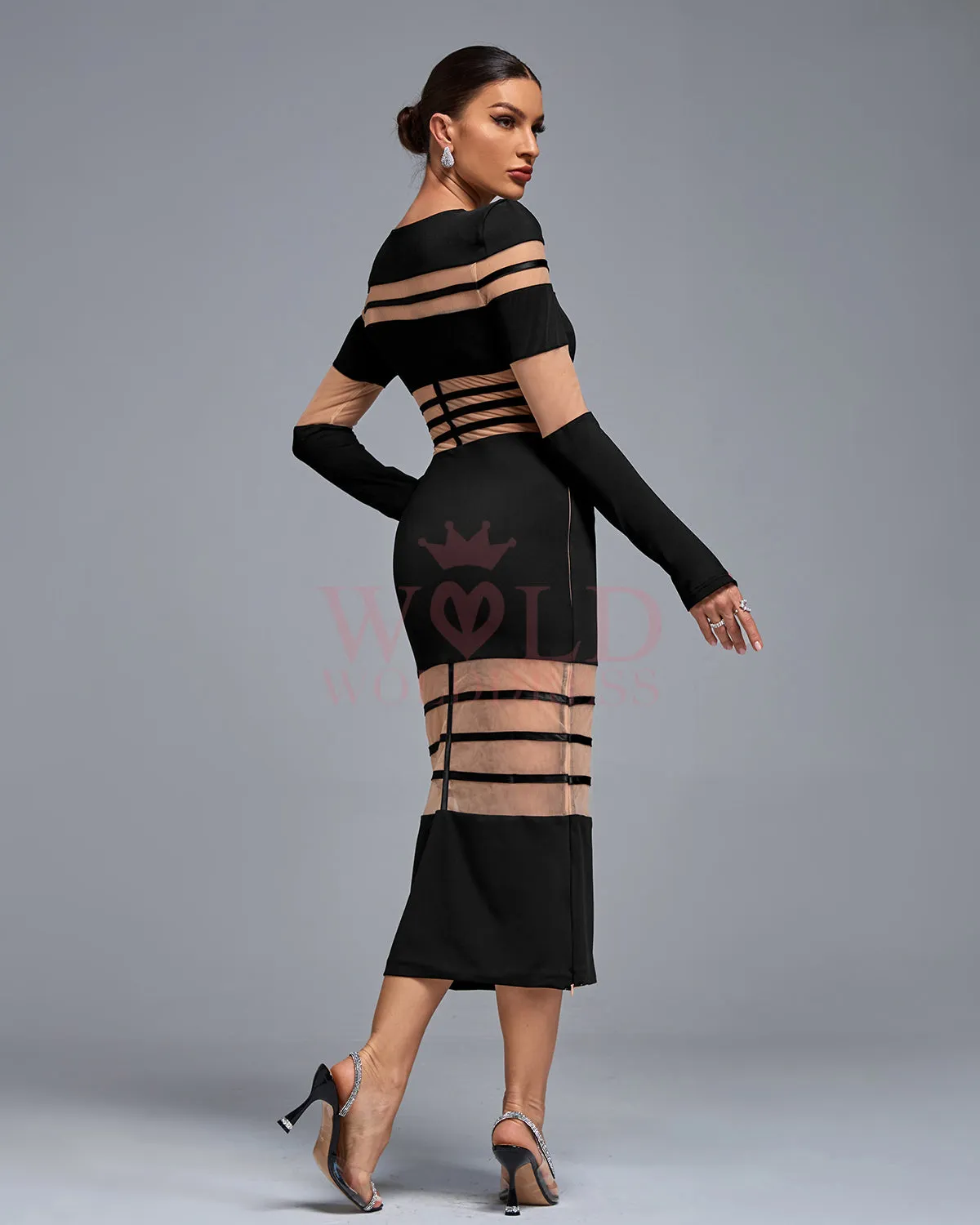 Round Neck See-through Mesh Midi Dress