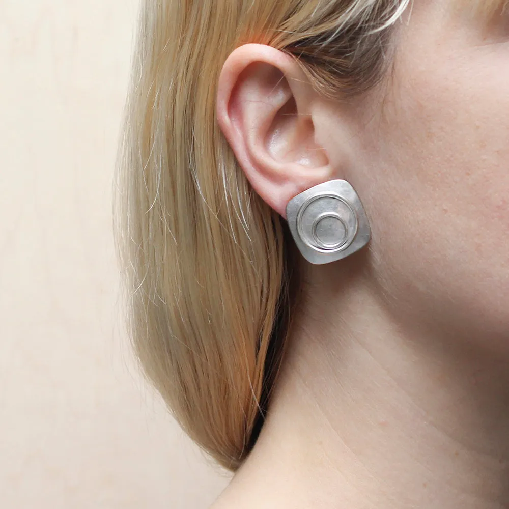 Rounded Square with Rings Clip or Post Earring