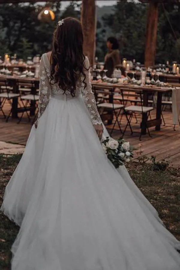 Roycebridal Long Sleeve Boho See Through Wedding Dresses Lace Applique,MW268
