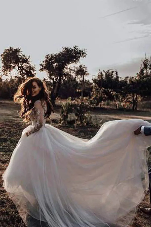Roycebridal Long Sleeve Boho See Through Wedding Dresses Lace Applique,MW268