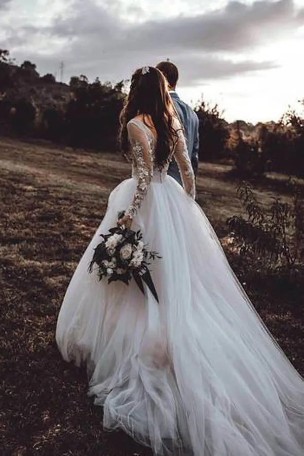 Roycebridal Long Sleeve Boho See Through Wedding Dresses Lace Applique,MW268