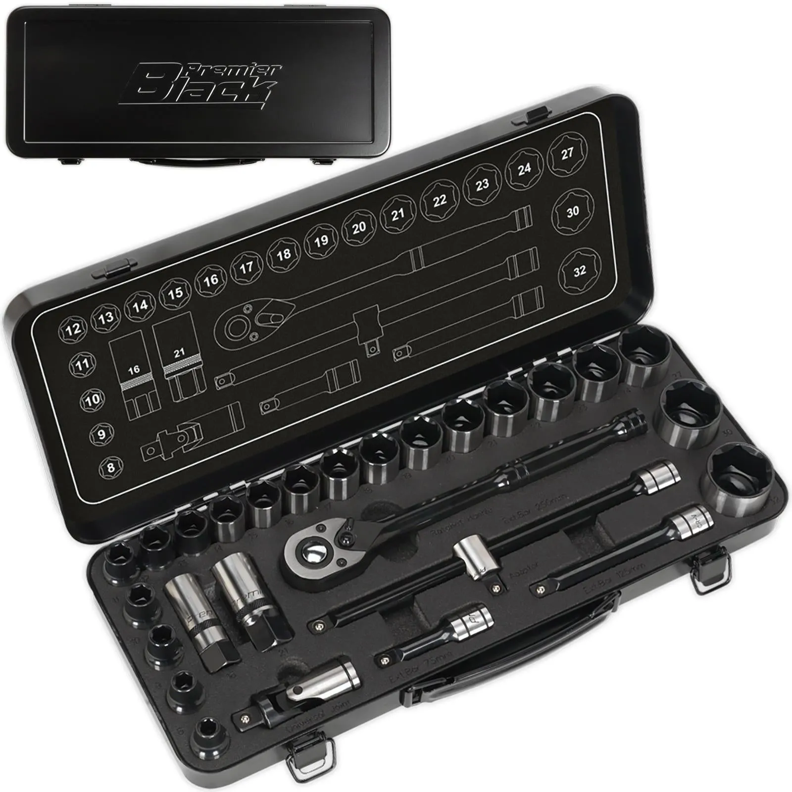 Sealey Premier Socket Set 28 Piece 1/2" Drive 6 Point WallDrive Metric Black Series