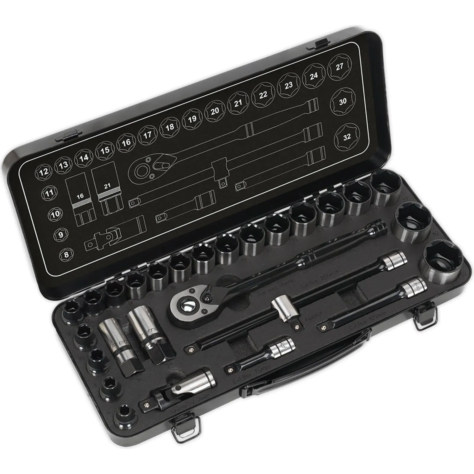 Sealey Premier Socket Set 28 Piece 1/2" Drive 6 Point WallDrive Metric Black Series