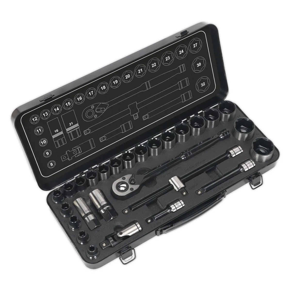 Sealey Premier Socket Set 28 Piece 1/2" Drive 6 Point WallDrive Metric Black Series